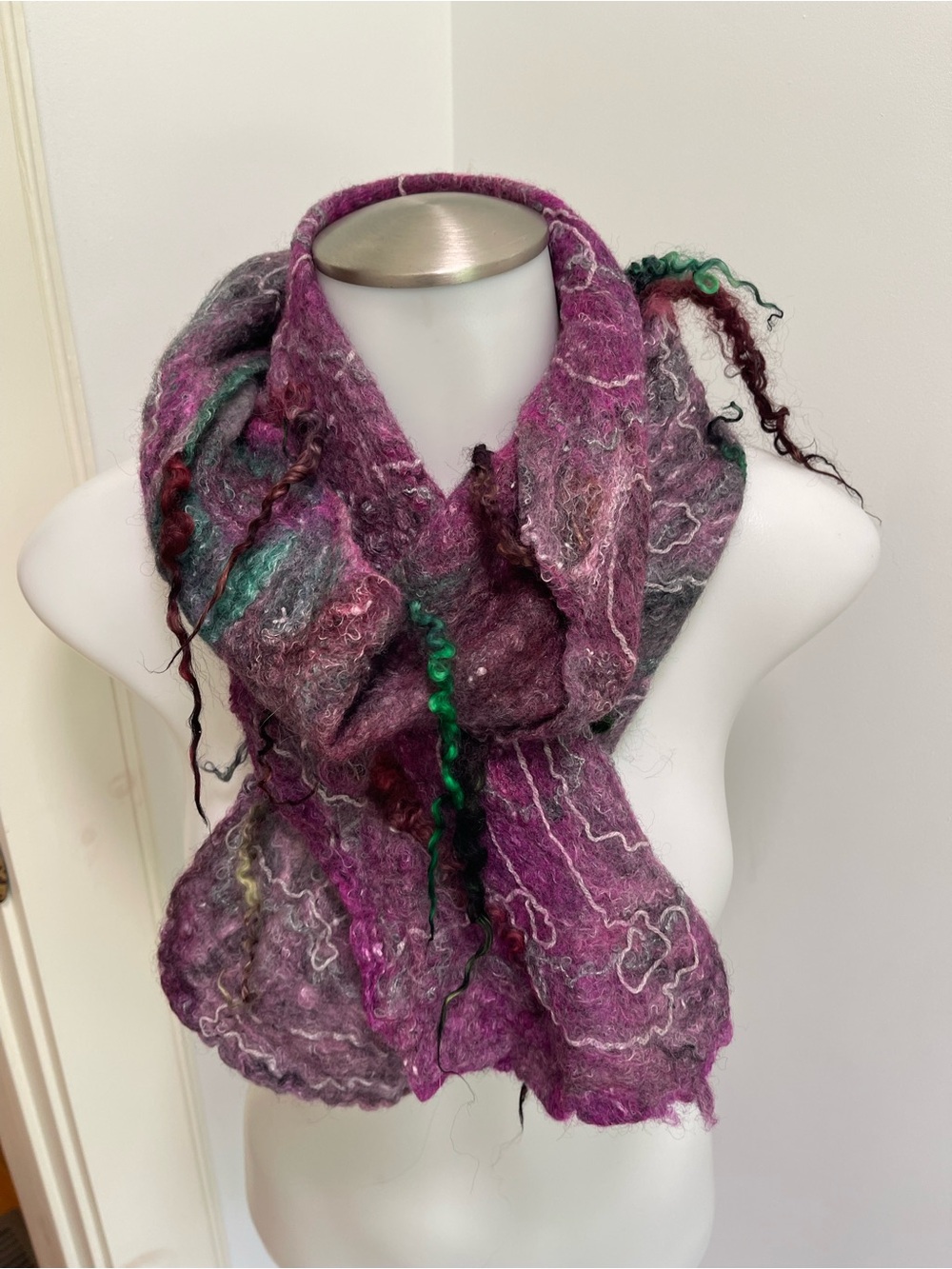 Handcrafted Purple Merino Felted Wool Scarf with Green Accents